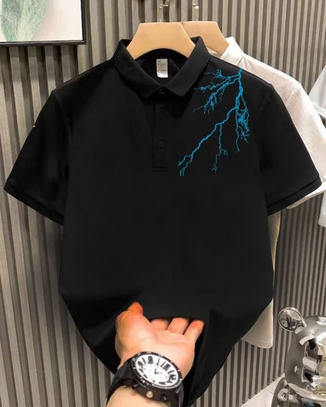Erkek Polo Yaka Tişört Düğmeli Yıldırım Baskılı Pike T-Shirt - Siyah ürün görseli 1