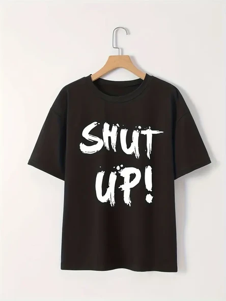 Kadın Tişört Shut Up Baskılı Kısa Kol Bisiklet Yaka T-Shirt - Siyah ürün görseli 1