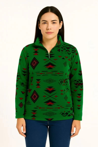 Kadın Yarım Fermuarlı Desenli Polar Sweat Tribal Etnik Desen Yakalı Uzun Kollu - Yeşil ürün görseli 1
