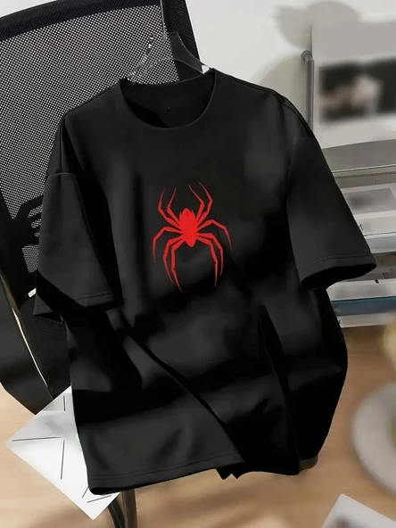 Kadın Kısa Kol Yazlık Tişört Bisiklet Yaka Spider Baskılı T-Shirt - Siyah ürün görseli 1