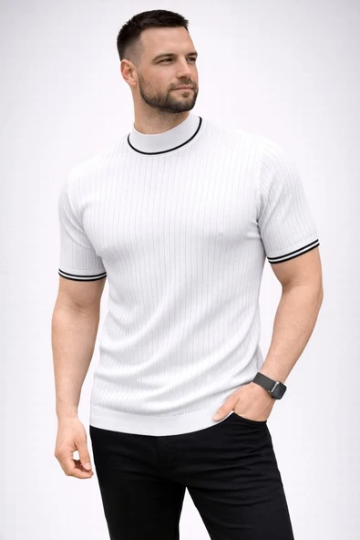 Erkek Fitilli Triko Dokuma Kısa Kol Tişört Yarım Boğaz Modern Yazlık T-Shirt - Beyaz ürün görseli 1