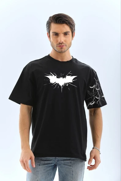 ERKEK Bisiklet yaka tişort Ön ve Kol YARASA Baskılı T-shirt - Siyah ürün görseli 1