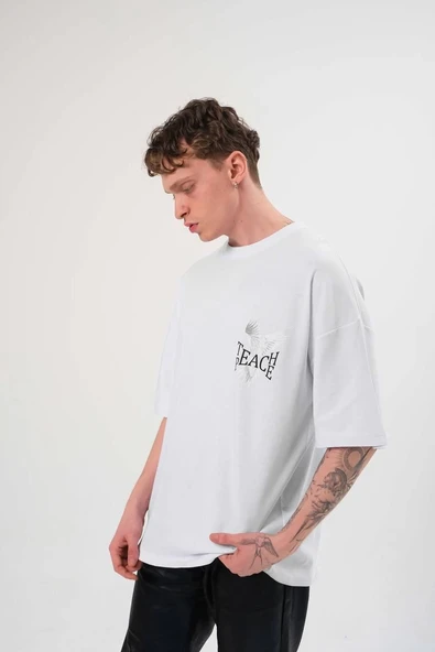 Erkek Kısa Kol Yazlık Tişört Bisiklet Yaka Baskılı Oversize T-Shirt - Beyaz ürün görseli 1