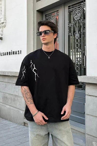 Erkek Kısa Kol Tişört Bisiklet Yaka Yıldırım Baskılı Oversize T-Shirt - Siyah ürün görseli 1