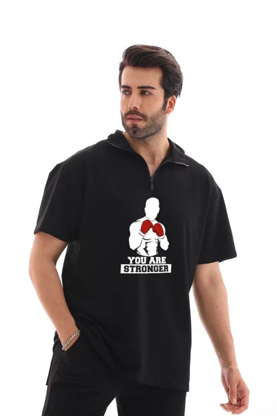 Erkek Yarım Fermuarlı Oversize Baskılı T-Shirt - Siyah ürün görseli 1