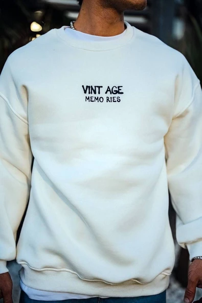 Erkek Bisiklet Yaka 3 İplik pamuklu Baskılı SweatShirt - Beyaz ürün görseli 1