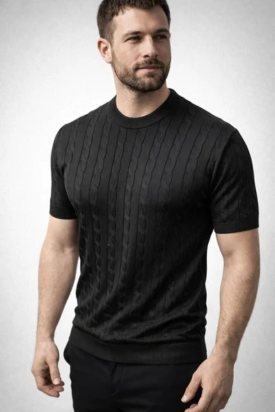 Erkek Yazlık Triko Dokuma Tişört Kısa Kol Bisiklet Yaka Örgü Desenli T-Shirt - Siyah ürün görseli 1