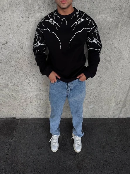 Erkek 3 iplik pamuklu Yıldırım Baskılı Bisiklet Yaka SweatShirt - Siyah ürün görseli 1
