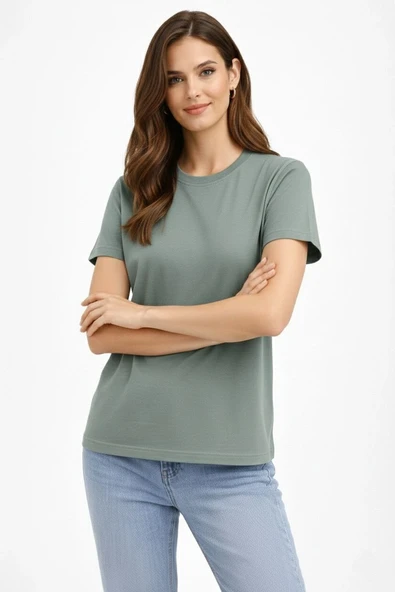 Kadın Bisiklet Yaka Yazlık Kısa kol Düz Tişört Regular Kalıp T-shirt - Mint Yeşili ürün görseli 1