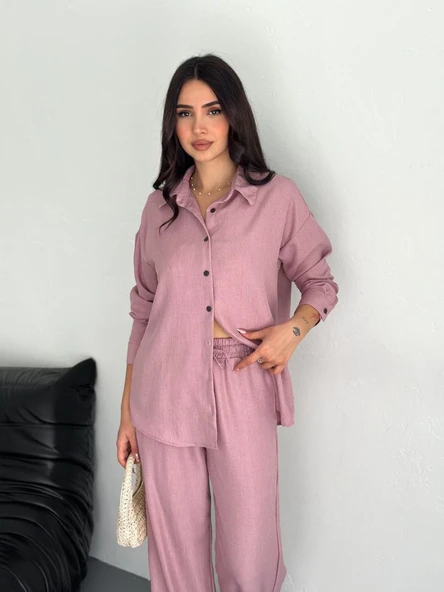 Kadın Gömlek Pantolon ikili Alt-Üst Takım - Toz Pembe ürün görseli 1