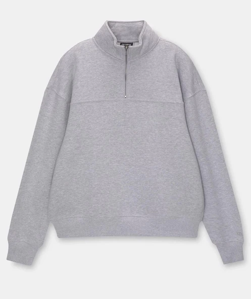 Kadın 3 İplik Pamuklu Oversize Yarım Fermuarlı Yakalı Basic Sweatshirt - Gri ürün görseli 1