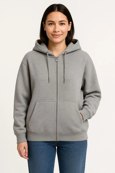 Kadın 3 İplik Pamuklu Kapüşonlu Tam Fermuarlı Kanguru Cepli Sweatshirt Hoodie - Gri ürün görseli 1