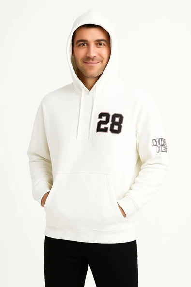 Erkek Kapüşonlu Kanguru Cepli Sweatshirt 3 İplik Pamuklu Baskılı Hoodie - Beyaz ürün görseli 1