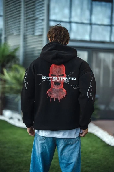 Erkek Kapüşonlu Kanguru Cepli Sweatshirt 3 İplik Pamuklu Baskılı Hoodie -  Siyah ürün görseli 1