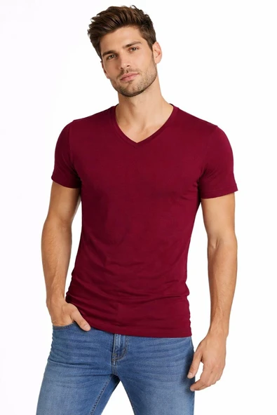 Erkek Body T-shirt V Yaka Slim Fit Likralı Kısa kol Tişört - Bordo ürün görseli 1