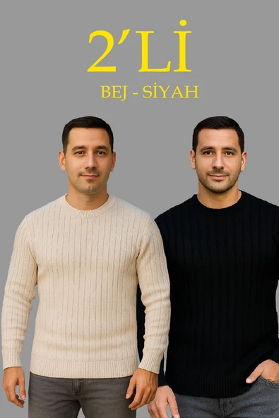 Erkek Fitilli Triko Kazak 2 li Set Bej Beyaz Kalın Dokuma Pamuklu Regular Fit Bisiklet ürün görseli 1