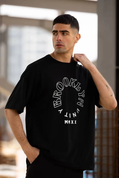 Erkek Baskılı T-Shirt Kısa Kol Bisiklet Yaka Regular Fit Rahat Kalıp Günlük Tişört - Siyah ürün görseli 1