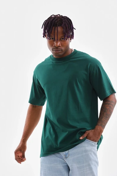 Erkek Düz Yazlık Kısa Kol Tişort Bisiklet Yaka Oversize T-Shirt - Koyu Yeşil ürün görseli 1