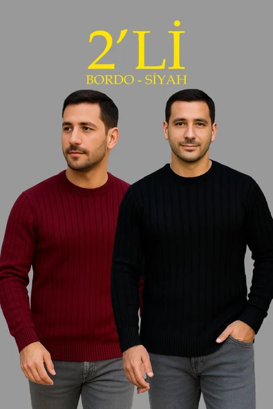 Erkek Fitilli Triko Kazak 2 li Set Siyah Bordo Kalın Dokuma Pamuklu Regular Fit Bisiklet ürün görseli 1