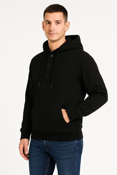 Erkek Kapüşonlu Hoodie Cepli Çıtçıtlı 3 İplik Pamuklu Sweatshirt - Siyah ürün görseli 1