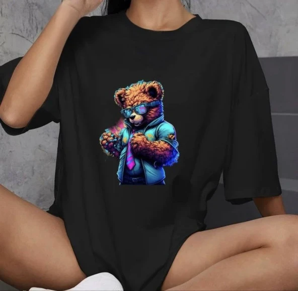 Kadın Baskılı T-Shirt Kısa Kol Bisiklet Yaka Oversize Rahat Kalıp Günlük Tişört   - Siyah ürün görseli 1