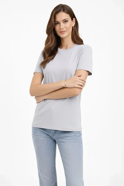 Kadın Bisiklet Yaka Yazlık Kısa kol Düz Tişört Regular Kalıp T-shirt - Gri ürün görseli 1