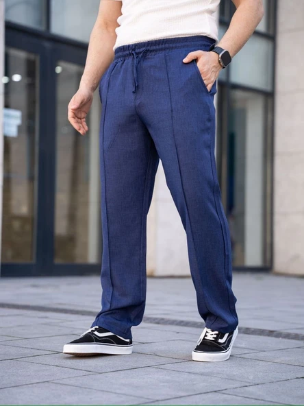 Erkek Keten Cepli Çıma Dikişli jogger Buggy Pantalon Rahat kalıp - Lacivert ürün görseli 1