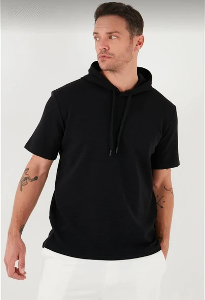 Erkek Kapüşonlu Tişört Kısa Kol Düz Oversize T-shirt - Siyah ürün görseli 1