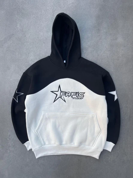 Kadın 3 İplik Pamuklu Parçalı Nakış İşlemelı Kapüşonlu SweatShirt Hoodie - Siyah ürün görseli 1