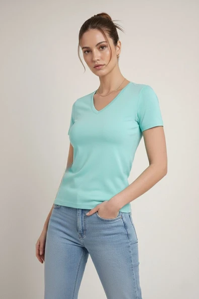 Kadın T-Shirt V Yaka Slim Fit Likralı Tişört Yazlık Basic Body - Turkuvaz ürün görseli 1