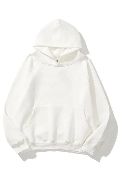 Kadın Kapüşonlu Kanguru Cepli 3 İplik Pamuklu Düz Hoodie Sweatshirt - Beyaz ürün görseli 1