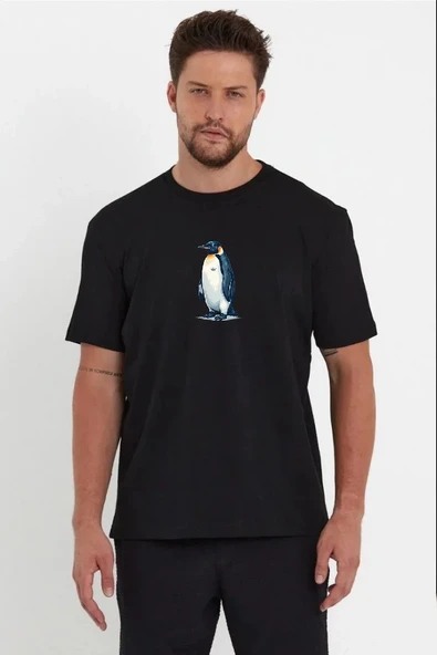 Erkek T-Shirt Penguen Baskılı Bisiklet Yaka Kısa kol yazlık Tişört - Siyah ürün görseli 1