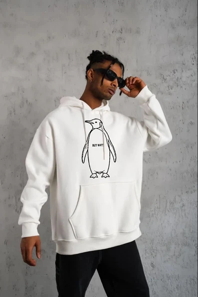 Erkek Nihilist Penguen Baskılı 3 İplik Pamuklu Kapüşonlu Sweatshirt Hoodie Beyaz ürün görseli 1