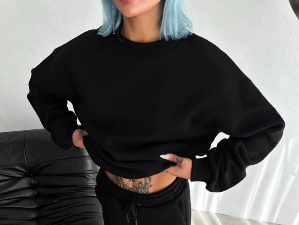 Kadın Bisiklet Yaka 3 İplik Pamuklu Basic SweatShirt - Siyah ürün görseli 1