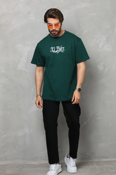 Erkek Kısa Kol Yazlık Tişört Bisiklet Yaka Baskılı Oversize T-Shirt - Yeşil ürün görseli 1