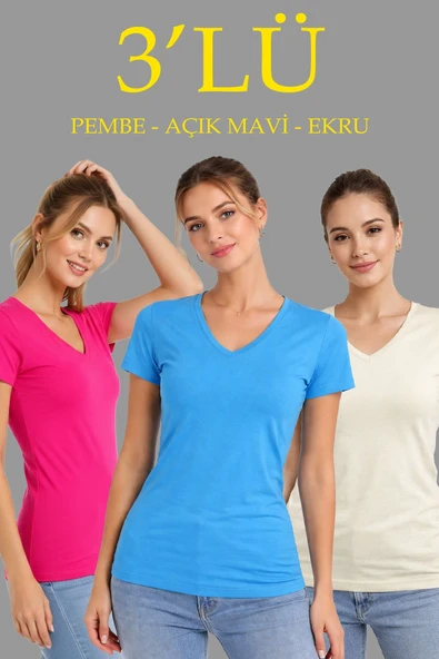 Kadın V Yaka Tişört Kısa Kol Slim Fit T-shirt 3'lü Set Pembe-Açık Mavi-Ekru ürün görseli 1