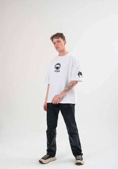 Erkek Kısa Kol Tişört Göğüs ve Kol Bisiklet Yaka Baskılı T-Shirt - Beyaz ürün görseli 1