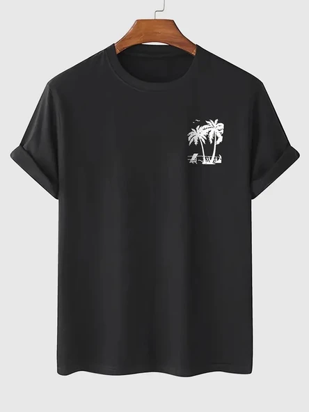 Erkek Tişört Palmiye Baskılı Bisiklet Yaka Kısa Kol Yazlık T-shirt - Siyah ürün görseli 1