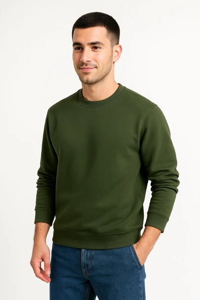 Erkek 3 İplik Pamuklu Düz Bisiklet Yaka SweatShirt - Haki ürün görseli 1