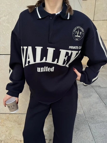 Kadın 3 İplik Pamuklu Yakalı Sweat Baggy Pantolonlu Alt-Üst Takım - Siyah ürün görseli 1