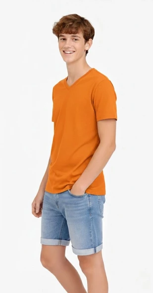 Genç Erkek Çocuk V Yaka Tişört Model - Turuncu - Resim 3