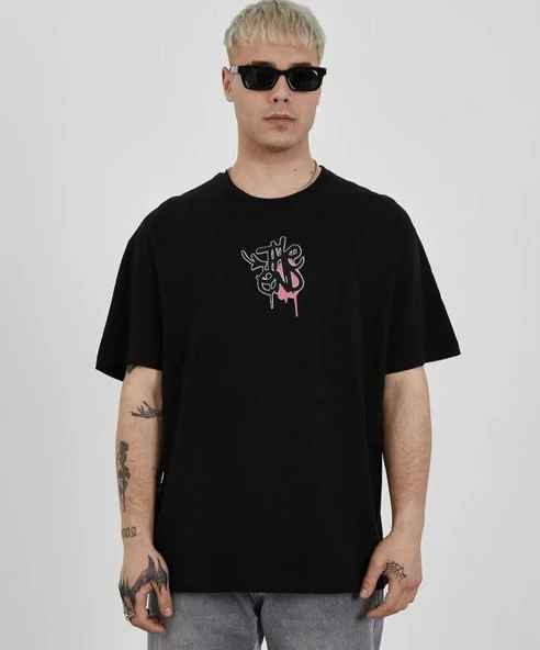 Erkek Kısa Kol Yazlık Tişört Bisiklet Yaka Baskılı Oversize T-Shirt -  Siyah ürün görseli 1