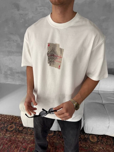 ERKEK Tişört Kısa kol Ön ve Arka Baskılı Oversize Bisiklet Yaka T-Shirt - Beyaz ürün görseli 1