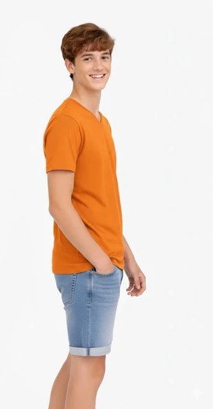 Genç Erkek Çocuk V Yaka Tişört Model - Turuncu - Resim 2