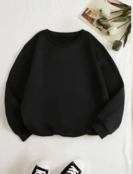 Kadın 3 İplik Pamuklu Bisikilet Yaka SweatShirt - Siyah ürün görseli 1