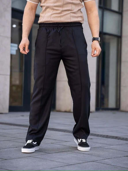 Erkek Keten Cepli Çıma Dikişli jogger Buggy Pantalon Rahat kalıp - Siyah ürün görseli 1