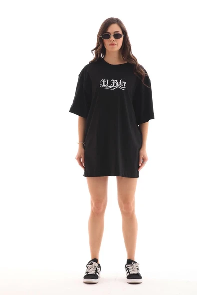 Kadın Kısa Kol Yazlık Tişört Bisiklet Yaka Baskılı Oversize T-Shirt - Siyah ürün görseli 1