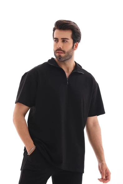 Erkek Yarım Fermuarlı Düz Oversize T-shirt - Siyah ürün görseli 1