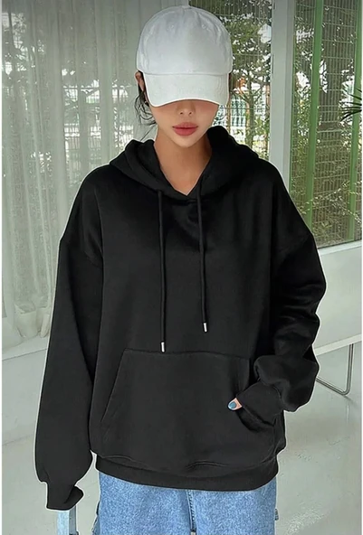 Kadın Kapüşonlu Kanguru Cepli 3 İplik Pamuklu Oversize Hoodie Sweatshirt - Siyah ürün görseli 1