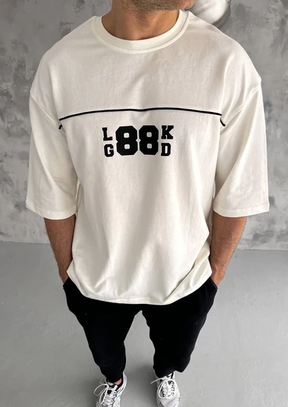 Erkek Kısa Kol Yazlık Tişört Bisiklet Yaka Baskılı Oversize T-Shirt - Beyaz ürün görseli 1